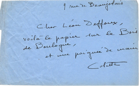 COLETTE Sidonie-Gabrielle - Autograph Letter Signed to a journalist