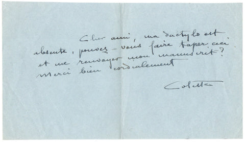 COLETTE - Autograph Letter Signed asking for a typist