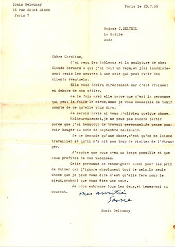 DELAUNAY Sonia - Two Typed Letters Signed 1965 concerning the sale of pictures