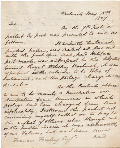 DICKSON Sir Alexander - Autograph Letter Signed 1827 to Francis Freeling about a postal problem