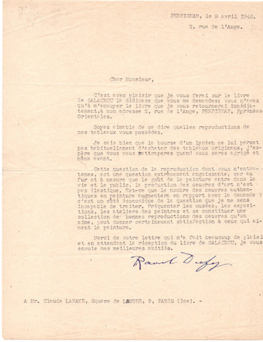 DUFY Raoul - Typed Letter Signed 1946 discussing the merits of reproductions of paintings
