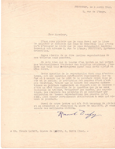 DUFY Raoul - Typed Letter Signed 1946 discussing the merits of reproductions of paintings