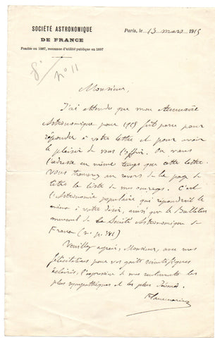 FLAMMARION Camille - Autograph Letter Signed 1915 sending his Astronomical Annual