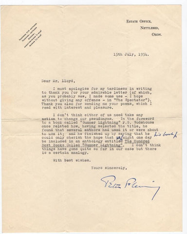 FLEMING Peter - Typed Letter Signed 1954 quoting P.G. Wodehouse