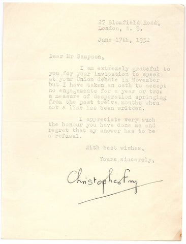 FRY Christopher - Typed Letter Signed 1952 accepting no engagements