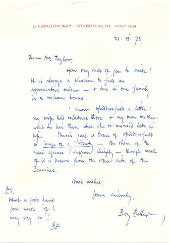 FULLER Roy - Autograph Letter Signed 1973 to an appreciative reader regarding Huddersfield