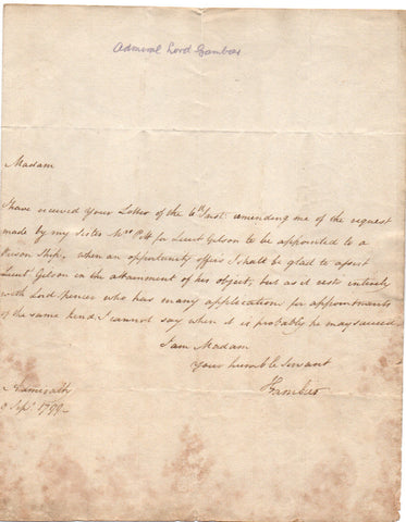 GAMBIER Admiral James - Autograph Letter Signed 1799 