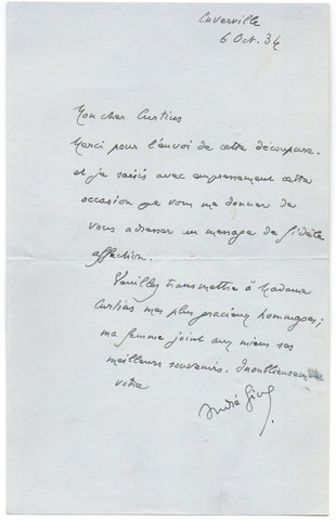 GIDE Andre - Autograph Letter Signed 1934 sending a message of support to a German scholar