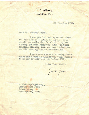 GREENE Graham - Typed Letter Signed 1958 to his bookseller about detective novels
