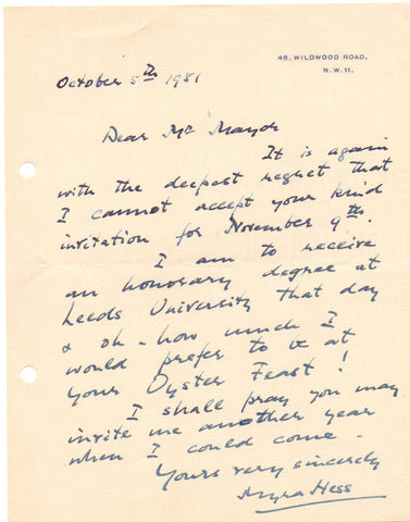HESS Dame Myra - Autograph Letter Signed 1951 to the Mayor of Colchester