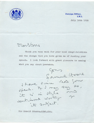 HOARE Sir Samuel - Typed Letter Signed 1935 to Ronald Storrs regarding his speech on TE Lawrence