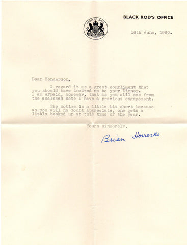 HORROCKS Sir Brian - Typed Letter Signed 1960 to the Deputy Knight Remembrancer