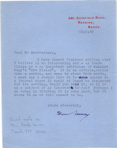 JAMESON Margaret Storm - Four Letters Signed regarding an article on Laszlo Moholy-Nagy