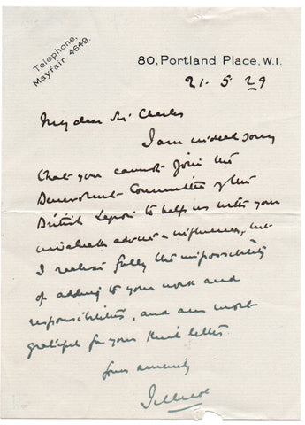 JELLICOE John 1st Earl Jellicoe - Autograph Letter Signed 1929 regarding the British Legion
