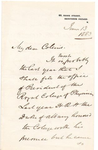 JENNER Sir William - Autograph Letter Signed 1883 inviting the Duke of Albany