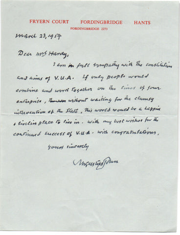 JOHN Augustus - Autograph Letter Signed 1954 praising Voluntary Unofficial Aunts