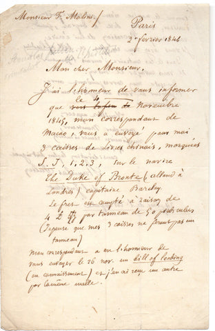 JULIEN Stanislas - Autograph Letter Signed 1846 regarding books from Macao