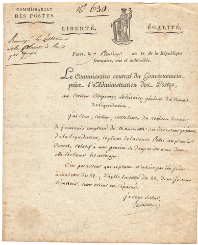 LAVALLETTE Comte de - Letter Signed 1803 while in charge of the Postal Service