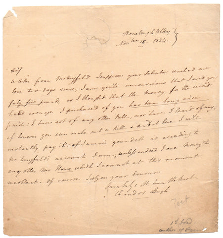 LEIGH Chandos - Autograph Letter Signed 1824 regarding an unpaid bill