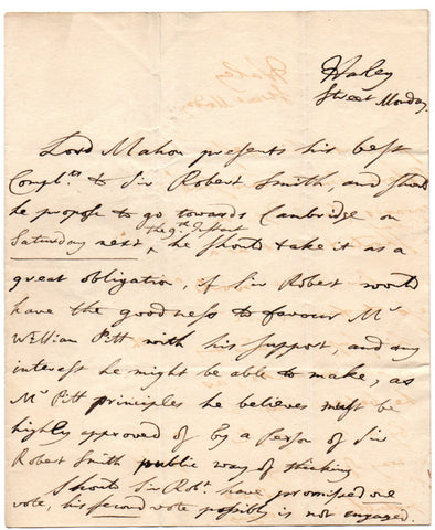 MAHON Charles - Autograph Letter canvassing support for William Pitt