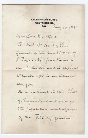 MANNING Henry Cardinal - Autograph Letter Signed 1890 about fishing in Newfoundland