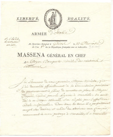 MASSENA André - Letter Signed to Citizen Bonaparte February 1800
