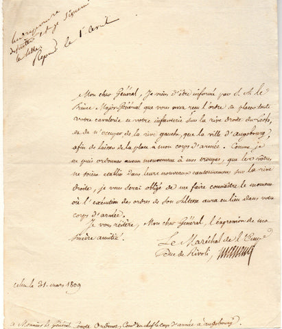 MASSENA Andre - Letter Signed 1809 at the start of the War of the Fifth Coalition