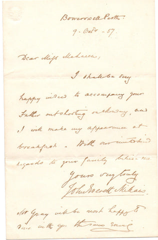 MILLAIS John Everett - Autograph Letter Signed 1857 accepting an invitation to go shooting