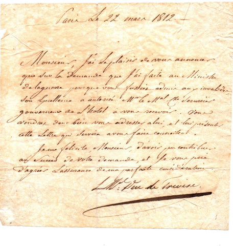 MORTIER Edouard, due de Trevise - Letter Signed 1812 admitting a soldier to the Invalides