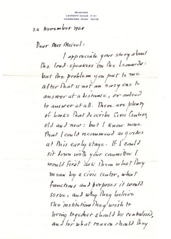 MUMFORD Lewis - Autograph Letter Signed 1968 discussing civic centers and urban planning