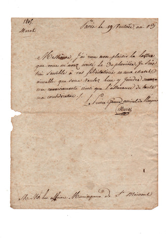 MURAT Joachim - Letter Signed 1805 acknowledging congratulations 