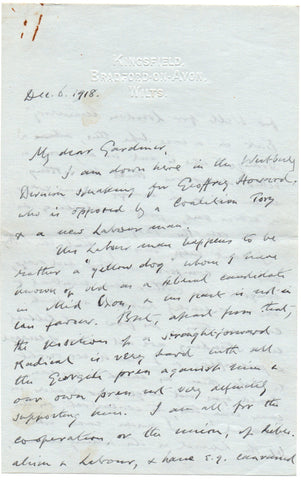 MURRAY Gilbert - Autograph Letter Signed 1918 during the General Election campaign