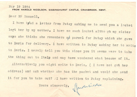 NICOLSON Harold - Typed Letter Signed 1954 making complicated arrangements