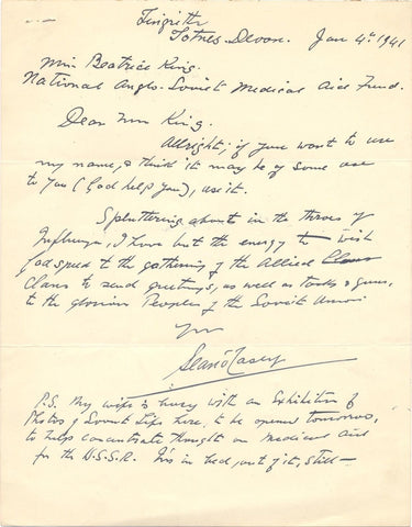 O CASEY Sean - Autograph Letter Signed 1941 regarding Anglo-Soviet Medical Aid