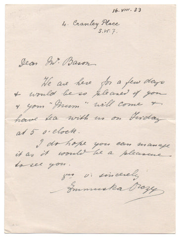 ORCZY Baroness - Autograph Letter Signed inviting a bookseller to tea