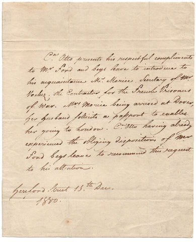 OTTO Count - Autograph Letter 1800 from the diplomat requesting a passport