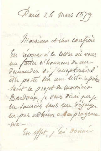 PUVIS DE CHAVANNES Pierre - Autograph Letter Signed 1879