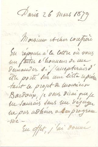 PUVIS DE CHAVANNES Pierre - Autograph Letter Signed 1879