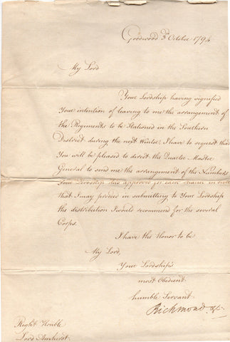 RICHMOND Charles Lennox, Duke of - Letter Signed 1794 regarding troops in the Southern District
