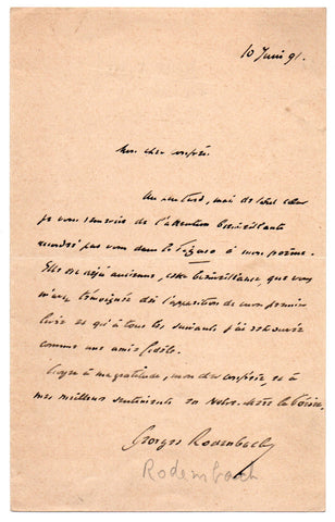 RODENBACH Georges - Autograph Letter Signed 1891 thanks for a review of his poem