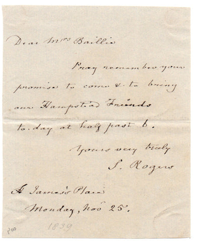 ROGERS Samuel - Autograph Letter Signed sending an invitation to Joanna Baillie