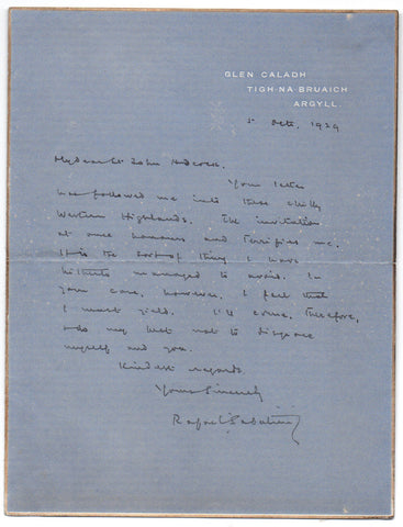 SABATINI Rafael - Autograph Letter Signed 1929 reluctantly accepting an invitation
