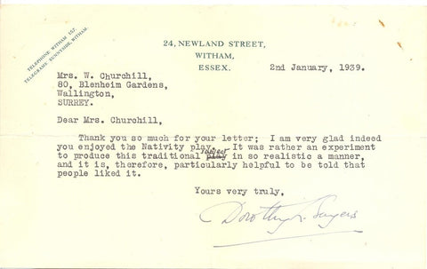 SAYERS Dorothy Leigh - Typed Letter Signed 1939 about her Nativity play