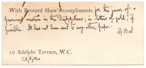 SHAW George Bernard - Autograph Note Signed 1912 sending an article