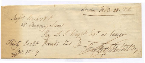 SHELLEY Percy Bysshe - Autograph Cheque Signed, February 1818