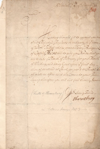 SHREWSBURY Duke of - Letter Signed 1699 to Dr Charles Trimnell the King's Chaplain