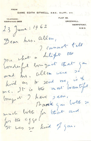 SITWELL Edith - Autograph Letter Signed 1962 discussing an awkward cousin