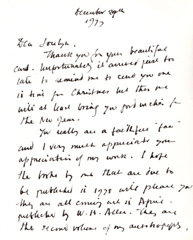 SMITH Dodie - Autograph Letter Signed on Christmas Card 1977 mentioning her new books