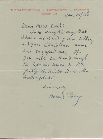 SPRING Howard - Autograph Letter Signed 1958