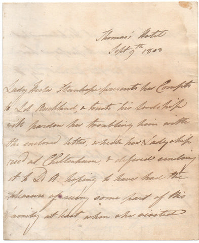 STANHOPE Lady Hester - Autograph Letter 1803 interceding for an injured captain
